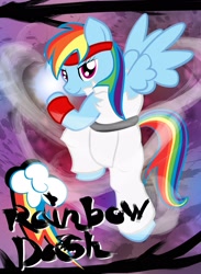 Size: 1829x2500 | Tagged: safe, artist:evangel-rising, rainbow dash, pegasus, pony, bipedal, clothes, crossover, hadouken, ryu, solo, street fighter