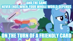 Size: 739x415 | Tagged: safe, derpibooru import, edit, edited screencap, screencap, trixie, to where and back again, caption, image macro, song reference, text, the alan parsons project, the turn of a friendly card