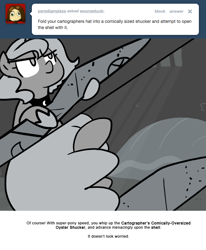 Size: 666x809 | Tagged: safe, artist:egophiliac, princess luna, alicorn, pony, cartographer's comically oversized oyster shucker, dungeon, filly, monochrome, moonstuck, oyster, solo, woona, younger