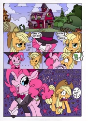 Size: 1000x1377 | Tagged: safe, alternate version, artist:mohawkrex, artist:whysoseriouss, applejack, pinkie pie, earth pony, pony, comic:a piece of pie, applejack the anti-shipper, applepie, clothes, comic, female, hat, kissing, lesbian, mare, shipping, shipping denied, surprise kiss, sweet apple acres, the amazing pinkie pie, top hat, tuxedo