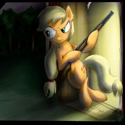 Size: 900x898 | Tagged: safe, artist:rule1of1coldfire, applejack, earth pony, pony, bipedal, gun, shotgun, solo, weapon