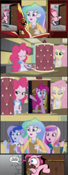 Size: 640x1632 | Tagged: safe, edit, edited screencap, idw, screencap, dean cadance, fluttershy, pinkie pie, princess cadance, princess celestia, princess luna, principal celestia, vice principal luna, pony, equestria girls, friendship games, crossing the memes, exploitable meme, human ponidox, inside the cake meme, meme, self ponidox, surprise door, we need to go deeper