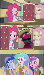 Size: 605x1024 | Tagged: safe, edit, edited screencap, screencap, dean cadance, fluttershy, pinkie pie, princess cadance, princess celestia, princess luna, principal celestia, señor huevos, vice principal luna, equestria girls, friendship games, make new friends but keep discord, exploitable meme, inside the cake meme, meme