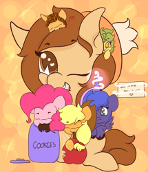 Size: 827x960 | Tagged: safe, artist:hedgehog-plant, applejack, pinkie pie, princess luna, oc, oc:catnap, oc:sugarsnap, alicorn, earth pony, pony, abstract background, apple, cookie, cookie jar, female, food, heart, heart eyes, mare, wingding eyes