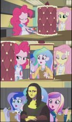 Size: 605x1024 | Tagged: safe, edit, edited screencap, screencap, dean cadance, fluttershy, pinkie pie, princess cadance, princess celestia, princess luna, principal celestia, vice principal luna, equestria girls, friendship games, cake, exploitable meme, fork, inside the cake meme, meme, mona lisa, role reversal