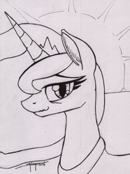 Size: 800x1074 | Tagged: safe, artist:shikogo, princess luna, alicorn, pony, inktober, inktober 2016, looking at you, monochrome, smiling, solo, sunrise, tired, traditional art