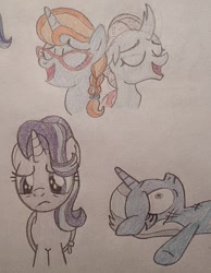 Size: 929x1200 | Tagged: safe, artist:jebens1, derpibooru import, bright eyes, ocellus, starlight glimmer, trixie, changeling, unicorn, road to friendship, sad eyes, side by side, singing, song in the description, song reference, spongebob squarepants, traditional art