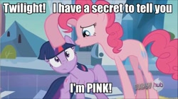 Size: 960x539 | Tagged: safe, pinkie pie, twilight sparkle, earth pony, pony, unicorn, duo, female, image macro, mare, secret