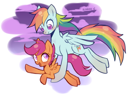 Size: 1200x901 | Tagged: safe, artist:kunaike, rainbow dash, scootaloo, pegasus, pony, flying, scootalove