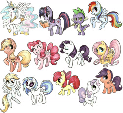 Size: 1634x1506 | Tagged: safe, artist:chocolatellama, apple bloom, applejack, derpy hooves, dj pon-3, fluttershy, pinkie pie, princess celestia, rainbow dash, rarity, scootaloo, spike, sweetie belle, twilight sparkle, vinyl scratch, alicorn, dragon, earth pony, pegasus, pony, unicorn, cutie mark crusaders, female, mane seven, mane six, mare