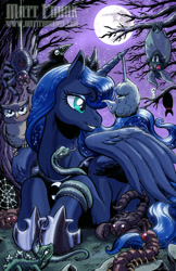 Size: 792x1224 | Tagged: safe, artist:kaijusamurai, idw, princess luna, tiberius, alicorn, bat, centipede, opossum, owl, pony, scorpion, snake, spider, accord (arc), chaos theory (arc), spoiler:comic, spoiler:comic48, cover, cute, forest, godzilla, godzilla (series), kodama, lunabetes, mare in the moon, moon, night, part the first: from chaos comes order, princess mononoke, prone, stars