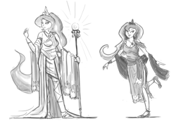 Size: 1280x917 | Tagged: safe, artist:king-kakapo, princess celestia, princess luna, human, clothes, humanized, monochrome, staff