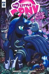 Size: 2063x3131 | Tagged: safe, artist:kaijusamurai, idw, princess luna, tiberius, alicorn, bat, centipede, opossum, owl, pony, scorpion, snake, spider, accord (arc), chaos theory (arc), spoiler:comic, spoiler:comic48, cover, cute, forest, godzilla, godzilla (series), kodama, lunabetes, mare in the moon, moon, night, part the first: from chaos comes order, princess mononoke, prone, stars