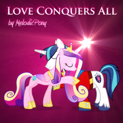 Size: 350x350 | Tagged: safe, artist:melodicpony, princess cadance, shining armor, alicorn, pony, unicorn, album cover, love conquers all, melodicpony