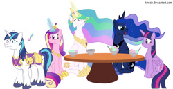 Size: 1030x533 | Tagged: safe, artist:kinrah, princess cadance, princess celestia, princess luna, shining armor, twilight sparkle, twilight sparkle (alicorn), alicorn, pony, unicorn, blushing, bowl, eating, eyes closed, food, ice cream, levitation, magic, open mouth, simple background, sitting, smiling, sweat, table, telekinesis, wavy mouth, white background