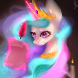 Size: 2000x2000 | Tagged: safe, artist:saoiirse, princess celestia, alicorn, pony, candle, magic, quill, scroll, solo