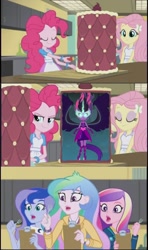 Size: 605x1024 | Tagged: safe, edit, edited screencap, screencap, dean cadance, fluttershy, midnight sparkle, pinkie pie, princess cadance, princess celestia, princess luna, principal celestia, sci-twi, twilight sparkle, vice principal luna, equestria girls, friendship games, exploitable meme, inside the cake meme, meme