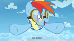 Size: 639x356 | Tagged: safe, screencap, rainbow dash, pegasus, pony, wonderbolts academy, wonderbolt trainee uniform, youtube caption