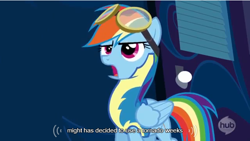 Size: 640x361 | Tagged: safe, screencap, rainbow dash, pegasus, pony, wonderbolts academy, wonderbolt trainee uniform, youtube caption