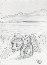 Size: 805x1125 | Tagged: safe, artist:midwestbrony, princess luna, alicorn, pony, desert, hot, monochrome, solo, sweat, tongue out, traditional art