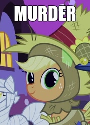 Size: 475x665 | Tagged: safe, edit, edited screencap, screencap, applejack, earth pony, pony, luna eclipsed, clothes, costume, cropped, dissonant caption, image macro, looking at you, murder, nightmare night, nightmare night costume, one word, scarecrow, smiling, solo focus, text