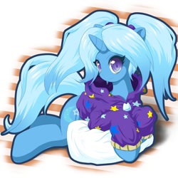 Size: 1024x1024 | Tagged: safe, artist:ragurimo, derpibooru import, trixie, alternate hairstyle, babysitter trixie, beanbag chair, clothes, cute, hoodie
