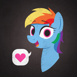 Size: 2637x2637 | Tagged: safe, artist:selenophile, rainbow dash, pegasus, pony, bust, cute, female, heart, logo, looking at you, mare, open mouth, pictogram, portrait, shirt design, short hair, smiling, solo, speech bubble