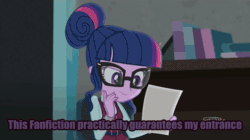 Size: 802x450 | Tagged: safe, edit, edited screencap, screencap, dean cadance, princess cadance, sci-twi, twilight sparkle, equestria girls, friendship games, adorkable, animated, brony, caption, cute, dork, falling, fanfic, glasses, meme, out of context, reaction image