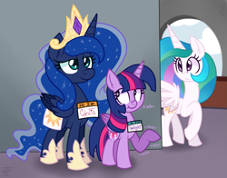 Size: 1653x1296 | Tagged: safe, artist:php92, princess celestia, princess luna, twilight sparkle, twilight sparkle (alicorn), alicorn, pony, :<, accessory swap, fake cutie mark, female, mare, missing accessory, raised hoof, scrunchy face, smile and wave, smiling