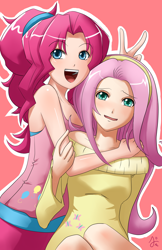 Size: 3300x5100 | Tagged: safe, artist:squigi, fluttershy, pinkie pie, clothes, female, flutterpie, humanized, lesbian, shipping, sweatershy