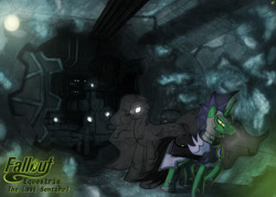 Size: 2456x1756 | Tagged: safe, artist:sw1tchbl4de, princess luna, oc, oc:frost windchill, alicorn, pony, fallout equestria, fallout equestria: the last sentinel, cover art, stable