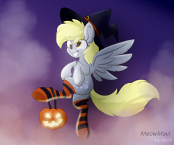 Size: 6000x5000 | Tagged: safe, artist:meowmavi, derpy hooves, pegasus, pony, absurd resolution, clothes, cloud, female, flying, halloween, hat, holiday, jack-o-lantern, mare, pumpkin, sky, socks, solo, stockings, striped socks, thigh highs, witch hat