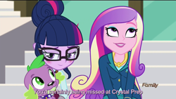 Size: 1920x1080 | Tagged: safe, edit, edited screencap, screencap, dean cadance, princess cadance, sci-twi, spike, spike the regular dog, twilight sparkle, dog, equestria girls, friendship games, blushing, caption, discovery family logo, female, male