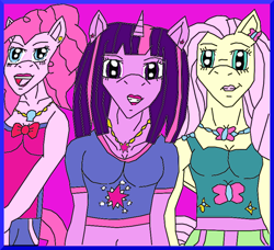 Size: 832x759 | Tagged: safe, artist:angelfluttershy, fluttershy, pinkie pie, twilight sparkle, anthro, nightmare fuel