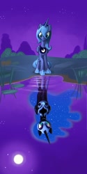 Size: 1280x2560 | Tagged: safe, artist:durger, nightmare moon, princess luna, alicorn, pony, duality, lake, moon, night, reflection, s1 luna, solo, water