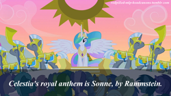 Size: 1280x720 | Tagged: safe, edit, edited screencap, screencap, amethyst star, dizzy twister, mjölna, oakey doke, orange swirl, princess celestia, silver spanner, sparkler, alicorn, pony, unicorn, the cutie mark chronicles, armor, background pony, background pony audience, bottlecap (character), bugle, clones, eiffel, ethereal mane, eyes closed, female, fuchsia fizz, headcanon, lavenderhoof, male, mare, rammstein, redpilled-mlp-headcanons, royal guard, spread wings, stallion, welch, wings