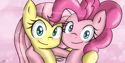 Size: 1300x654 | Tagged: safe, artist:speccysy, fluttershy, pinkie pie, earth pony, pegasus, pony, female, flutterpie, hug, lesbian, shipping