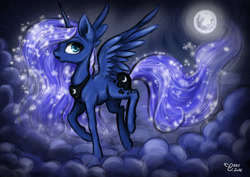 Size: 3508x2480 | Tagged: safe, artist:cvanilda, princess luna, alicorn, pony, cloud, full moon, moon, night, night sky, sky, solo, spread wings, stars