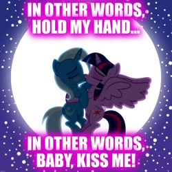 Size: 2000x2000 | Tagged: safe, artist:navitaserussirus, derpibooru import, edit, trixie, twilight sparkle, twilight sparkle (alicorn), alicorn, female, fly me to the moon, frank sinatra, kissing, lesbian, moon, shipping, song reference, twixie