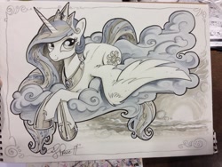 Size: 1024x768 | Tagged: safe, artist:andypriceart, princess celestia, alicorn, pony, cloud, monochrome, prone, smiling, solo, spread wings, sun, traditional art