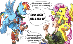 Size: 1080x647 | Tagged: safe, artist:irie-mangastudios, fluttershy, rainbow dash, pegasus, pony, crossover, one piece, roronoa zoro, tony tony chopper