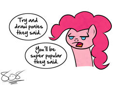 Size: 1166x823 | Tagged: safe, artist:aruigus808, pinkie pie, earth pony, pony, bust, female, mare, portrait, solo, speech bubble, unamused