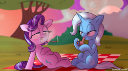 Size: 2000x1113 | Tagged: safe, artist:adarkonensfw, derpibooru import, starlight glimmer, trixie, pony, unicorn, drug use, drugs, joint, lidded eyes, marijuana, picnic, picnic blanket, sitting, smoking, weeds