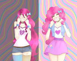 Size: 3984x3166 | Tagged: safe, artist:blueblueberry99, pinkie pie, equestria girls, clothes, cute, eyes closed, human coloration, pinkamena diane pie, shorts, skirt, smiling, socks, thigh highs, zettai ryouiki