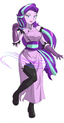 Size: 1551x2991 | Tagged: safe, artist:danmakuman, starlight glimmer, equestria girls, breasts, cheongsam, clothes, commission, female, gloves, looking at you, open mouth, raised leg, simple background, smiling, solo, starlight jiggler, stockings, thigh highs, white background