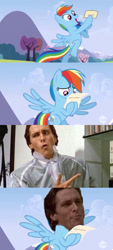 Size: 637x1404 | Tagged: safe, rainbow dash, pegasus, pony, wonderbolts academy, check em, patrick bateman, wat