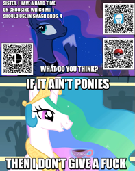 Size: 547x694 | Tagged: safe, princess celestia, princess luna, alicorn, pony, 3ds, gamer luna, image macro, meme, mii, nintendo, obligatory pony, qr code, super smash bros., super smash bros. 4, vulgar, wii u