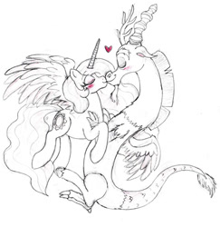 Size: 800x823 | Tagged: safe, artist:xstooiex, discord, princess celestia, alicorn, pony, dislestia, female, kissing, male, shipping, sketch, straight