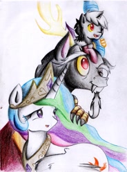 Size: 1129x1538 | Tagged: safe, artist:hikariviny, discord, princess celestia, oc, oc:chaotic, alicorn, hybrid, pony, dislestia, female, fluffy, heterochromia, interspecies offspring, male, offspring, open mouth, parent:discord, parent:princess celestia, parents:dislestia, pony hat, shipping, smiling, straight, traditional art, wink