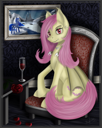 Size: 1756x2205 | Tagged: safe, artist:dezdark, fluttershy, princess luna, bat pony, pony, flower, flutterbat, picture, race swap, rose, sitting, solo, wine glass